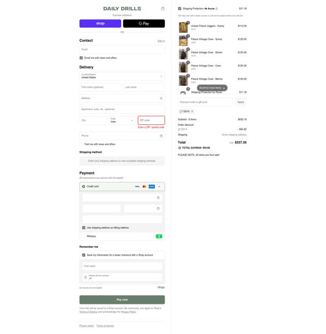 Daily Drills checkout page showing Daily Drills discount code box | Screenshot taken by SimplyCodes community member on Sep 14, 2025