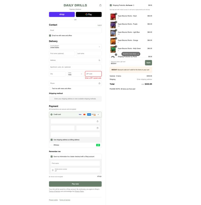 Daily Drills checkout page showing Daily Drills discount code box | Screenshot taken by SimplyCodes community member on Aug 29, 2025