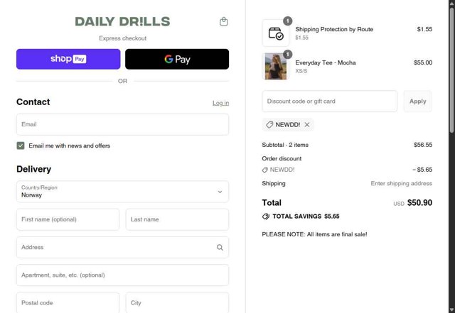 Daily Drills checkout page showing Daily Drills discount code box | Screenshot taken by SimplyCodes community member on Aug 25, 2025