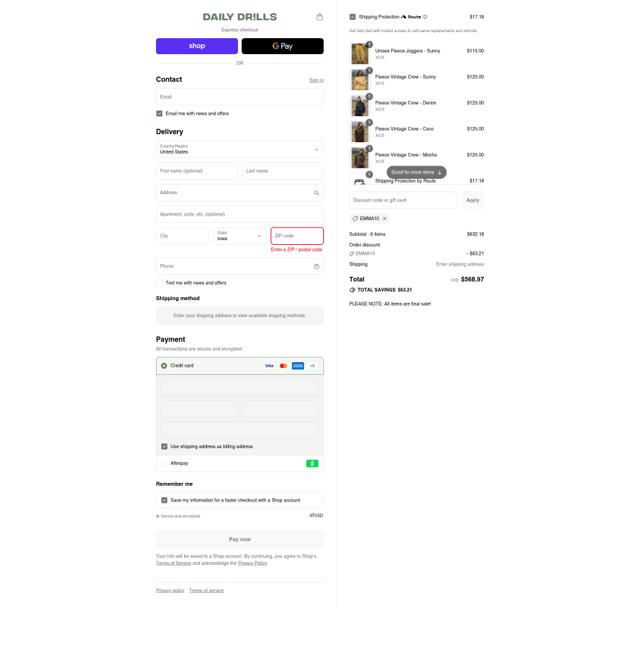 Daily Drills checkout page showing Daily Drills discount code box | Screenshot taken by SimplyCodes community member on Sep 14, 2025