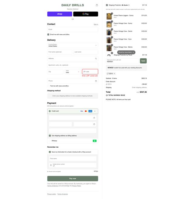 Daily Drills checkout page showing Daily Drills discount code box | Screenshot taken by SimplyCodes community member on Sep 10, 2025