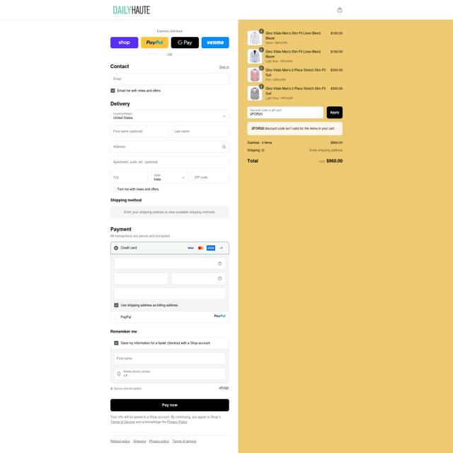 Daily Haute checkout page showing Daily Haute discount code box | Screenshot taken by SimplyCodes community member on Sep 11, 2025