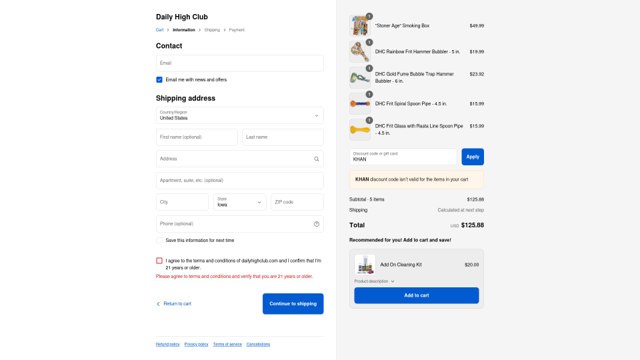 Daily High Club checkout page showing Daily High Club discount code box | Screenshot taken by SimplyCodes community member on Aug 22, 2025