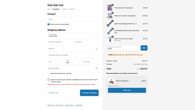Daily High Club checkout page showing Daily High Club discount code box | Screenshot taken by SimplyCodes community member on Jul 31, 2025