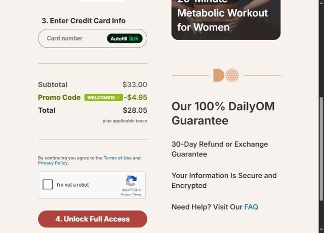 DailyOM checkout page showing DailyOM promo code box | Screenshot taken by SimplyCodes community member on Aug 27, 2025
