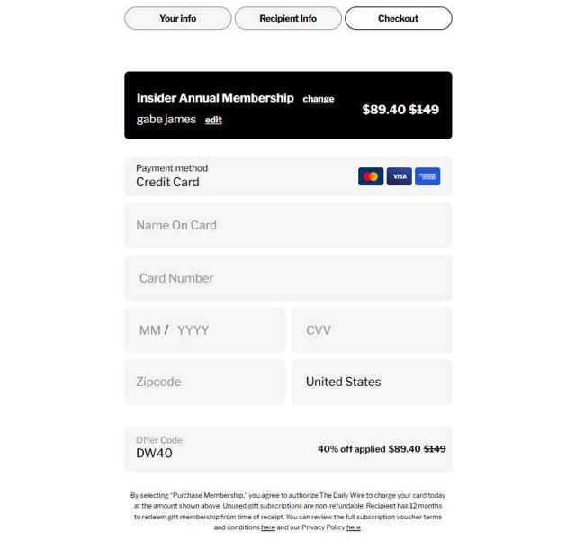 DailyWire checkout page showing DailyWire promo code box | Screenshot taken by SimplyCodes community member on Aug 23, 2025