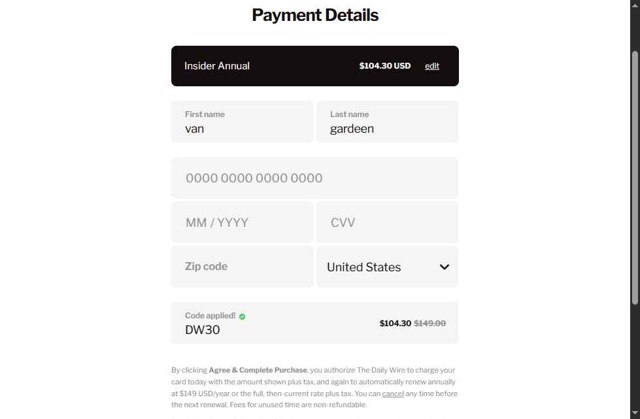 DailyWire checkout page showing DailyWire promo code box | Screenshot taken by SimplyCodes community member on Aug 14, 2025