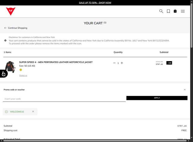 Dainese checkout page showing Dainese promo code box | Screenshot taken by SimplyCodes community member on Aug 12, 2025
