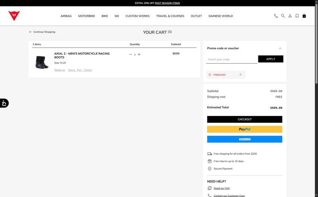 Dainese checkout page showing Dainese promo code box | Screenshot taken by SimplyCodes community member on Sep 10, 2025