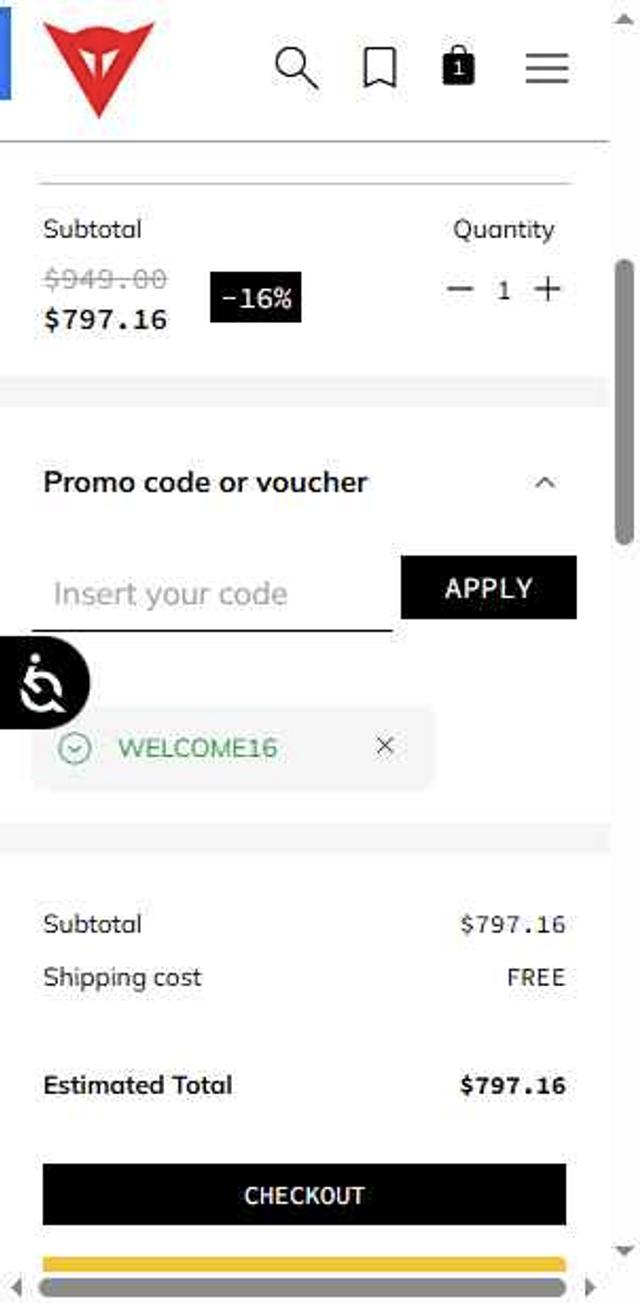 Dainese checkout page showing Dainese promo code box | Screenshot taken by SimplyCodes community member on Sep 10, 2025