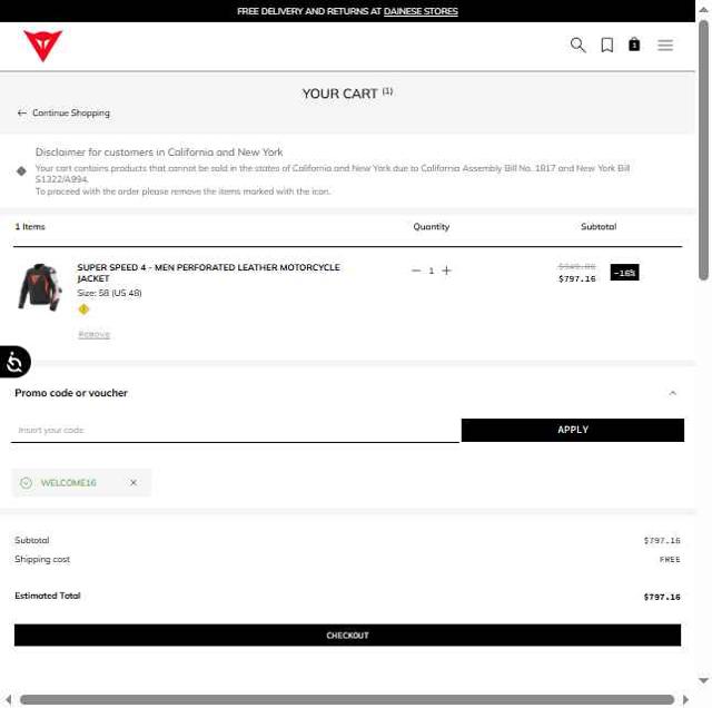 Dainese checkout page showing Dainese promo code box | Screenshot taken by SimplyCodes community member on Jul 15, 2025