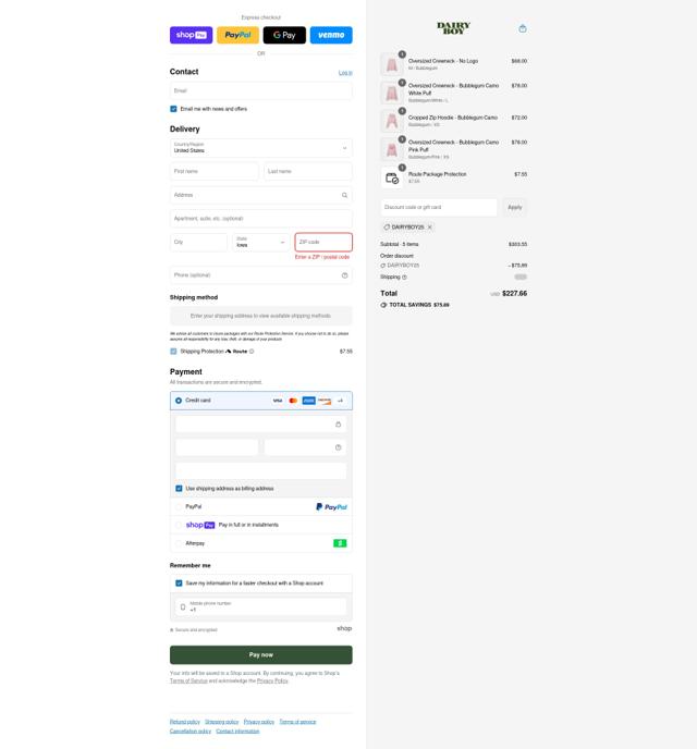 Dairy Boy checkout page showing Dairy Boy discount code box | Screenshot taken by SimplyCodes community member on Jul 4, 2025