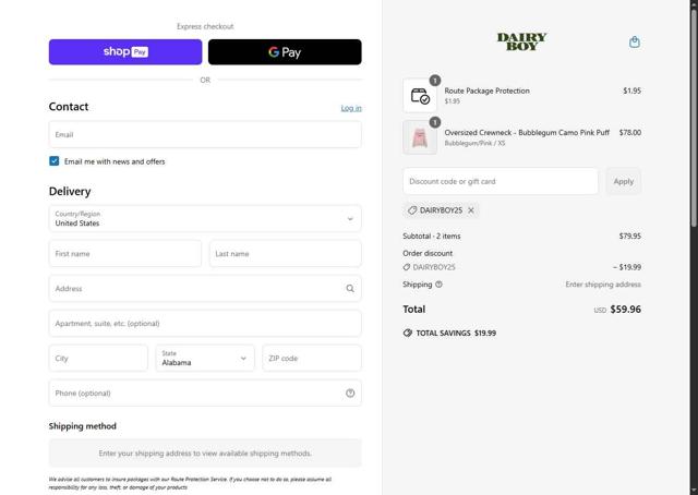 Dairy Boy checkout page showing Dairy Boy discount code box | Screenshot taken by SimplyCodes community member on Jun 20, 2025