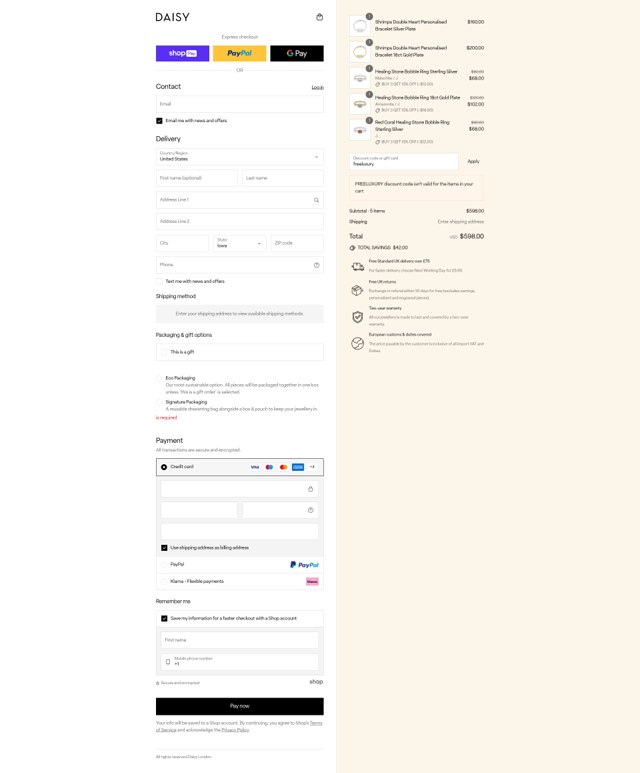 Daisy London checkout page showing Daisy London promo code box | Screenshot taken by SimplyCodes community member on Aug 10, 2025