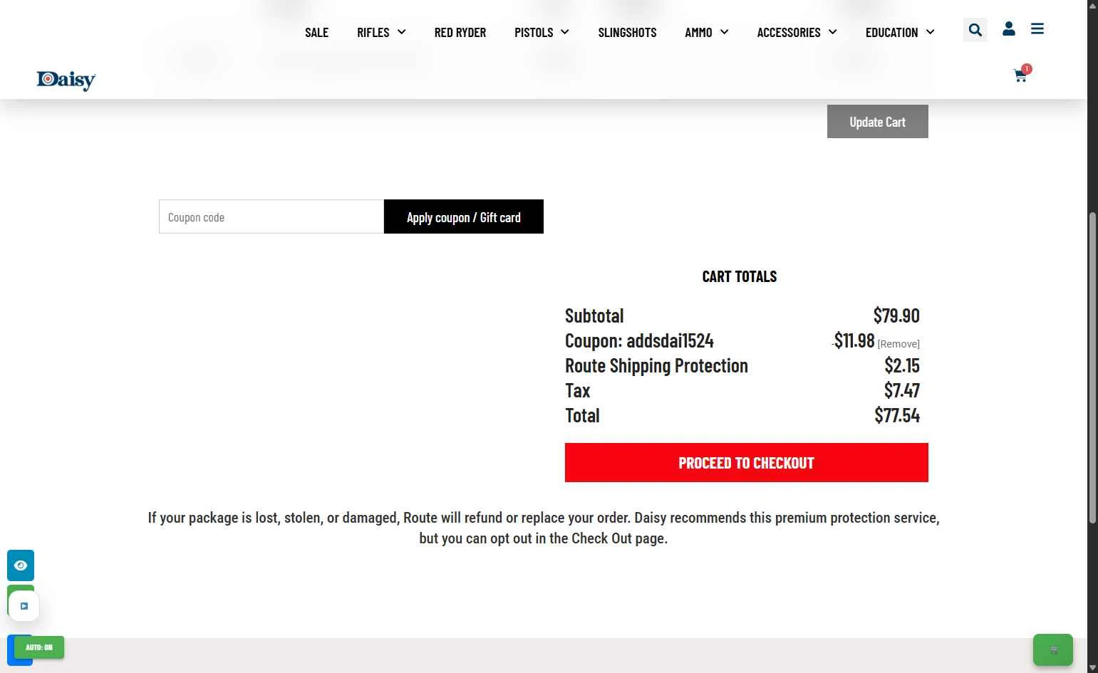 Daisy Outdoor Products checkout page showing Daisy Outdoor Products promo code box | Screenshot taken by SimplyCodes community member on Jan 31, 2026