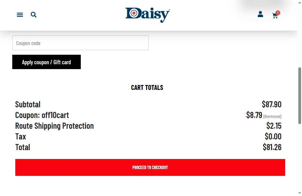 Daisy Outdoor Products checkout page showing Daisy Outdoor Products promo code box | Screenshot taken by SimplyCodes community member on Jan 25, 2026