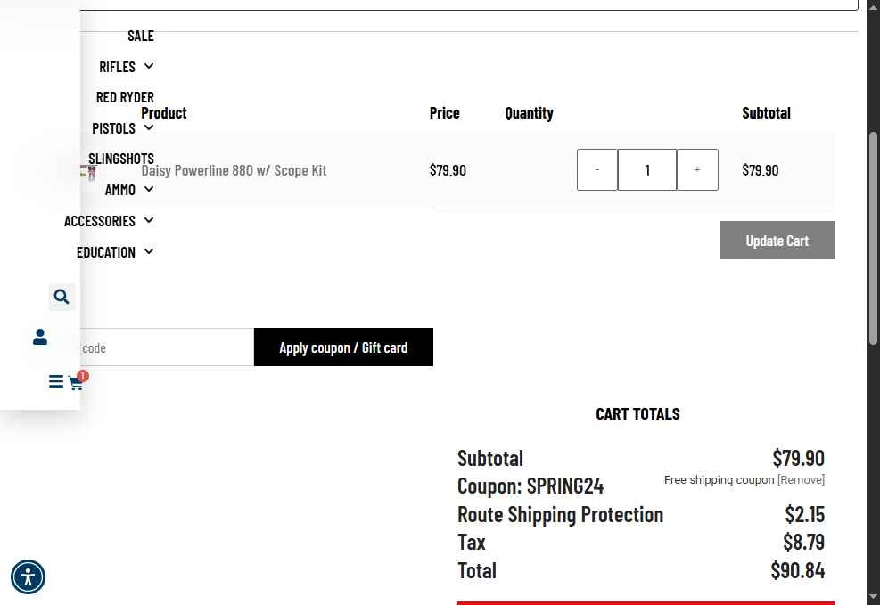 Daisy Outdoor Products checkout page showing Daisy Outdoor Products promo code box | Screenshot taken by SimplyCodes community member on Jan 18, 2026