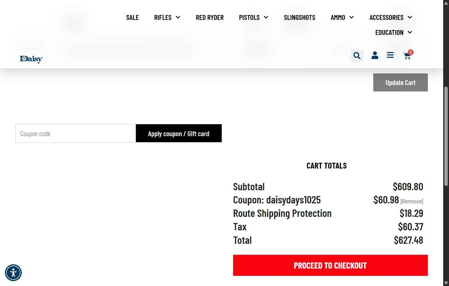 Daisy Outdoor Products checkout page showing Daisy Outdoor Products promo code box | Screenshot taken by SimplyCodes community member on Feb 11, 2026