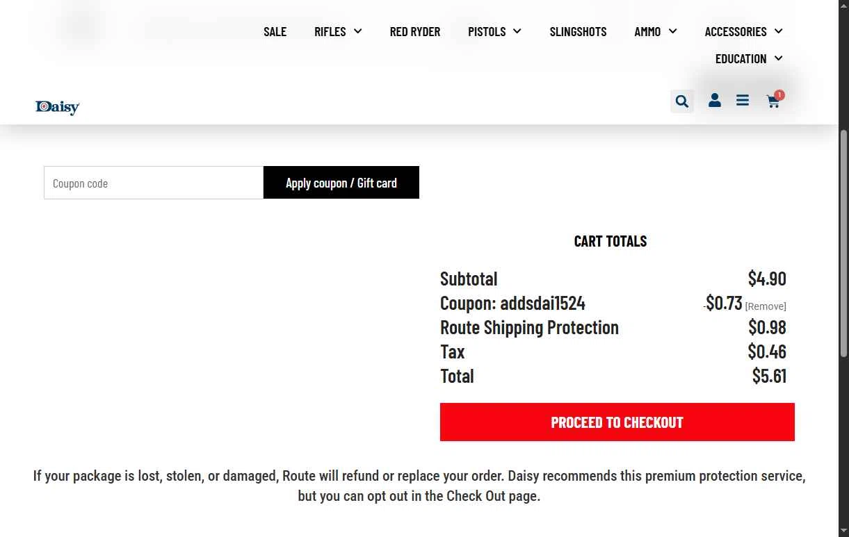 Daisy Outdoor Products checkout page showing Daisy Outdoor Products promo code box | Screenshot taken by SimplyCodes community member on Jan 31, 2026