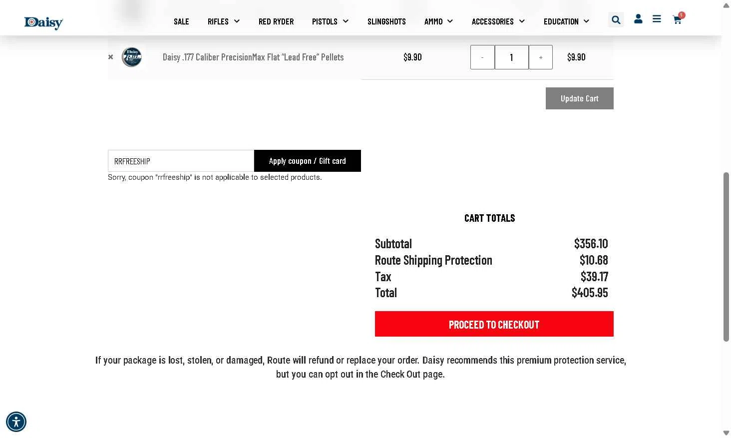 Daisy Outdoor Products checkout page showing Daisy Outdoor Products promo code box | Screenshot taken by SimplyCodes community member on Feb 12, 2026