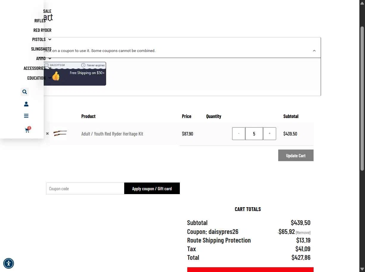 Daisy Outdoor Products checkout page showing Daisy Outdoor Products promo code box | Screenshot taken by SimplyCodes community member on Feb 16, 2026