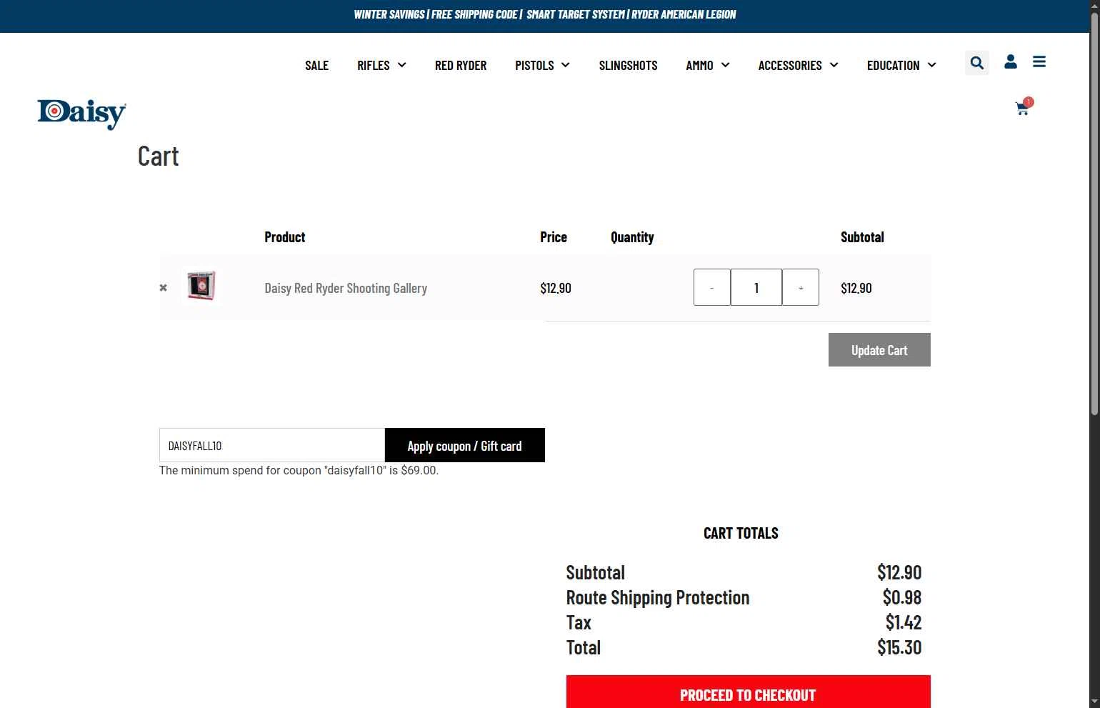 Daisy Outdoor Products checkout page showing Daisy Outdoor Products promo code box | Screenshot taken by SimplyCodes community member on Jan 30, 2026