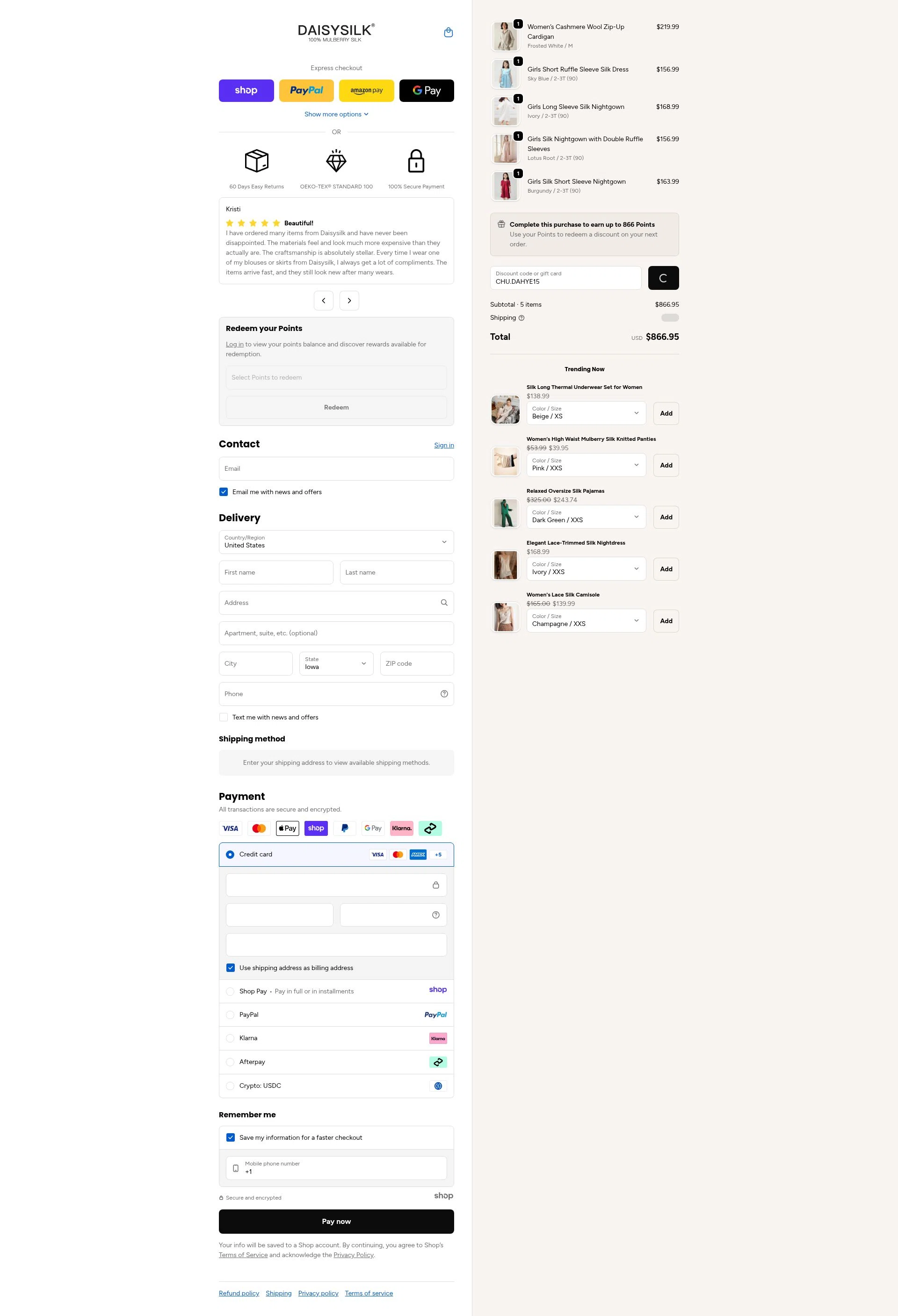 Daisysilk checkout page showing Daisysilk promo code box | Screenshot taken by SimplyCodes community member on Dec 29, 2025