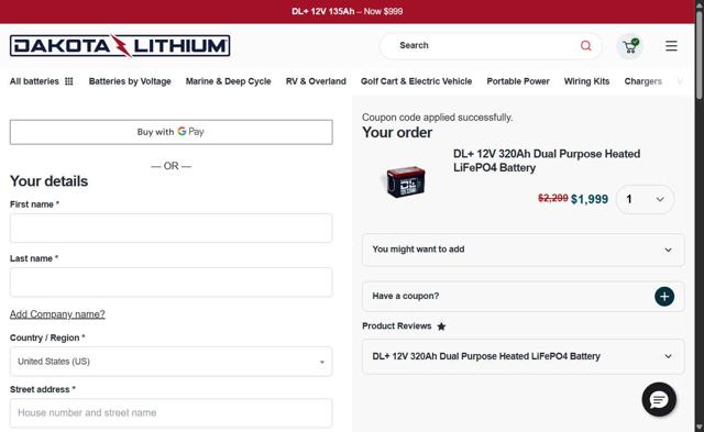 Dakota Lithium checkout page showing Dakota Lithium coupon code box | Screenshot taken by SimplyCodes community member on Aug 27, 2025
