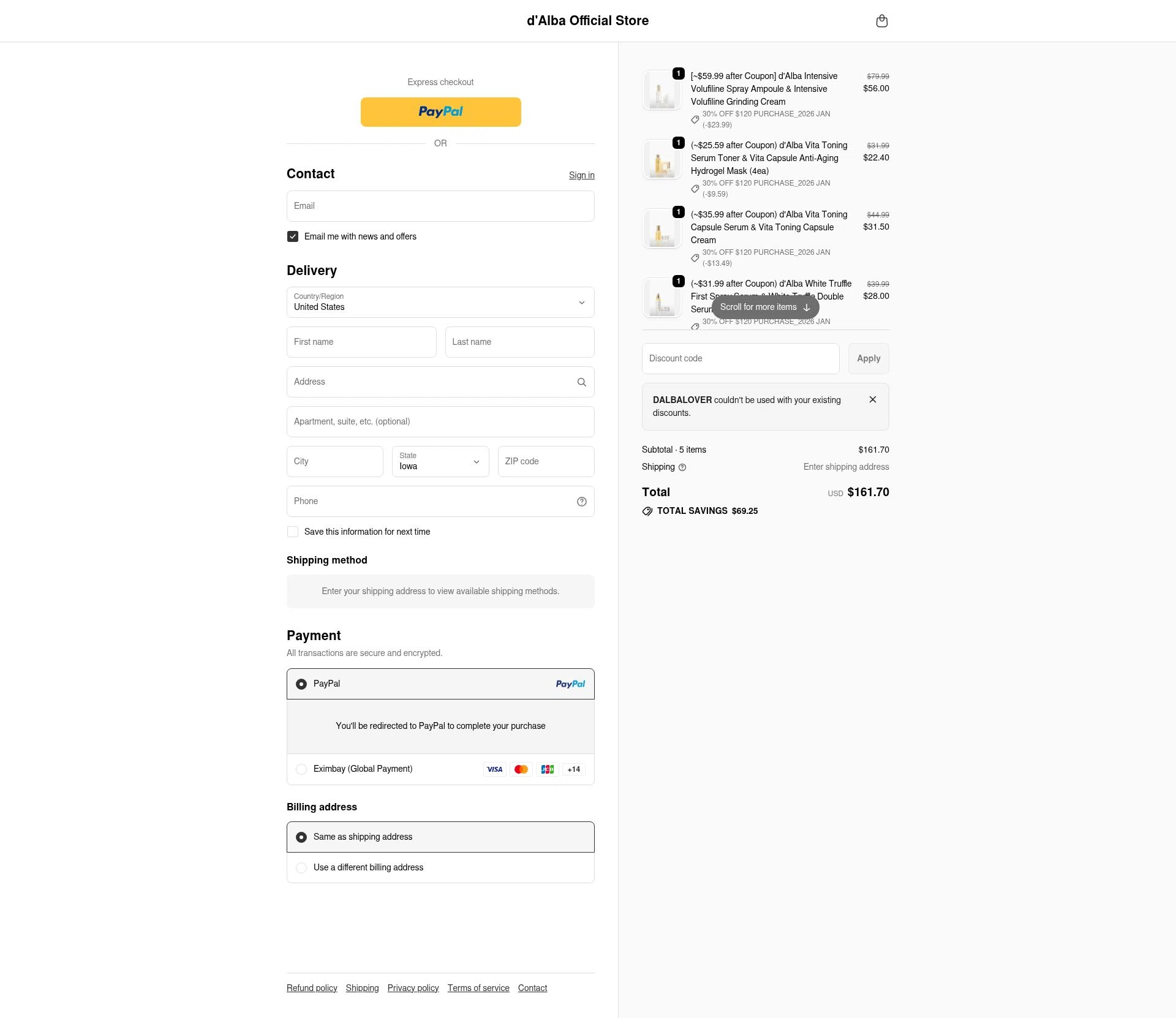 d'Alba checkout page showing d'Alba discount code box | Screenshot taken by SimplyCodes community member on Jan 28, 2026