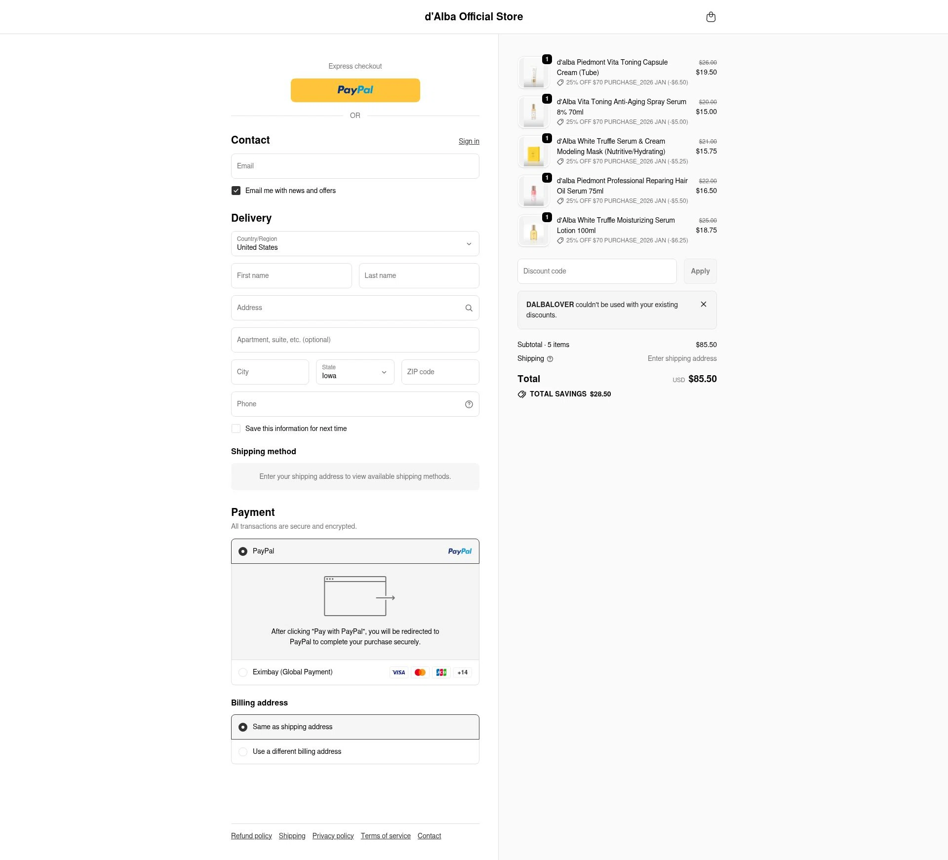 d'Alba checkout page showing d'Alba discount code box | Screenshot taken by SimplyCodes community member on Jan 8, 2026