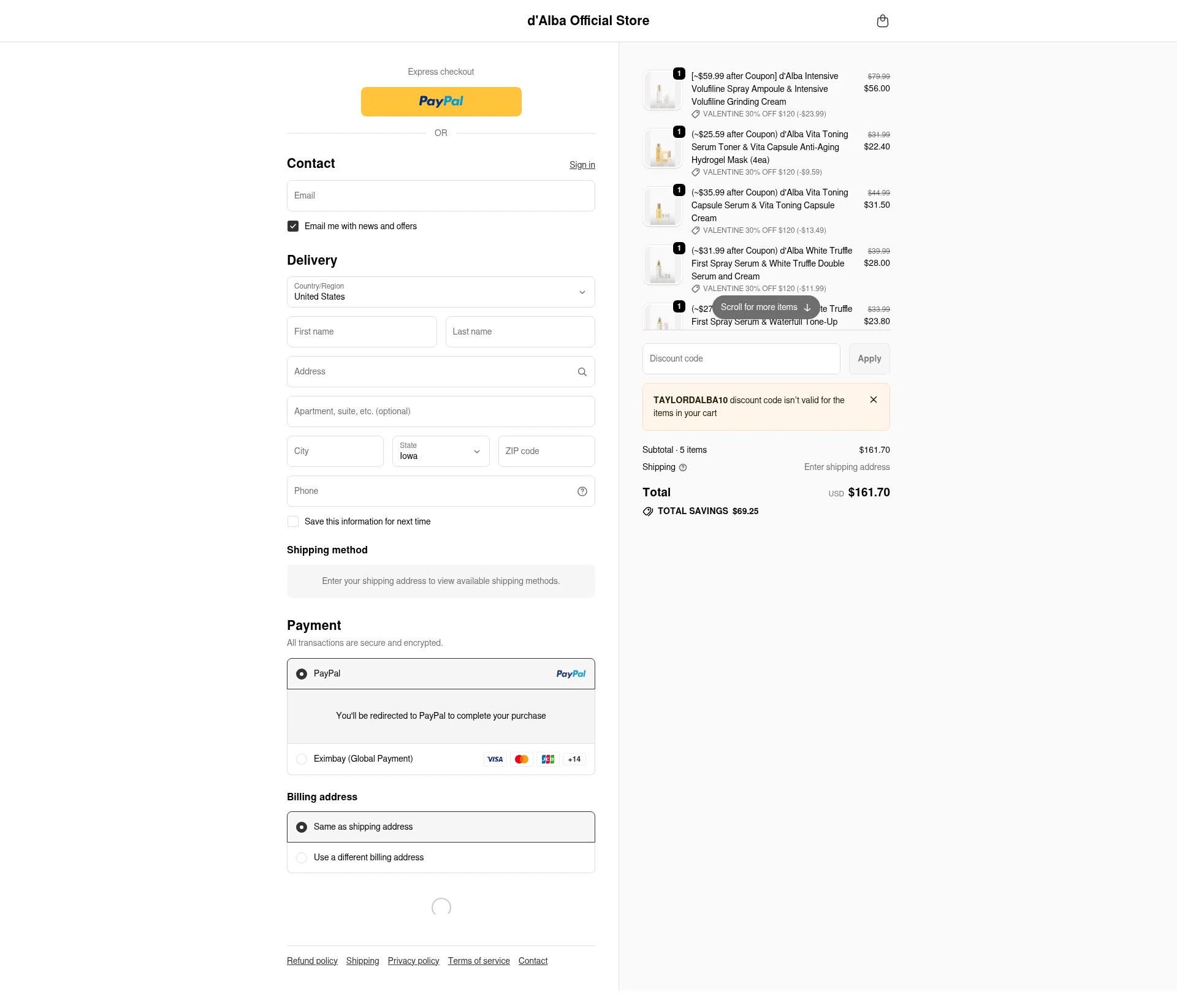 d'Alba checkout page showing d'Alba discount code box | Screenshot taken by SimplyCodes community member on Feb 10, 2026