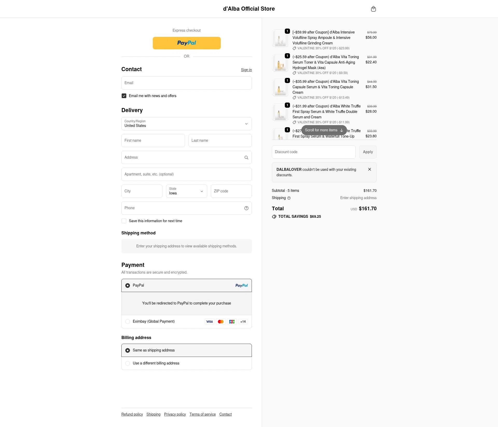 d'Alba checkout page showing d'Alba discount code box | Screenshot taken by SimplyCodes community member on Feb 5, 2026