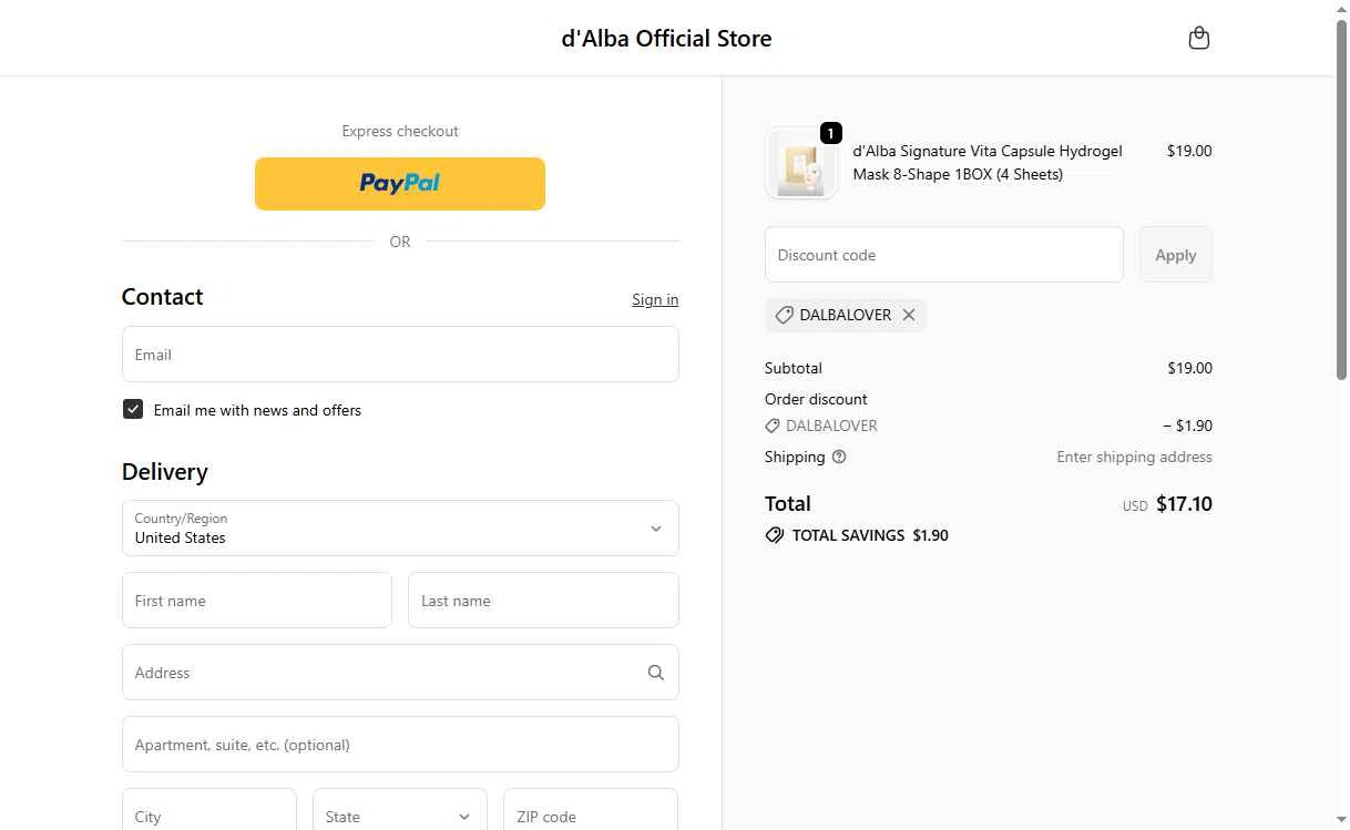 d'Alba checkout page showing d'Alba discount code box | Screenshot taken by SimplyCodes community member on Feb 10, 2026
