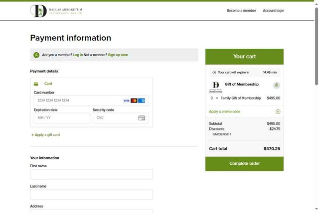 Dallas Arboretum checkout page showing Dallas Arboretum promo code box | Screenshot taken by SimplyCodes community member on Jul 3, 2025