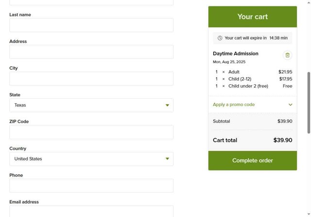 Dallas Arboretum checkout page showing Dallas Arboretum promo code box | Screenshot taken by SimplyCodes community member on Aug 25, 2025