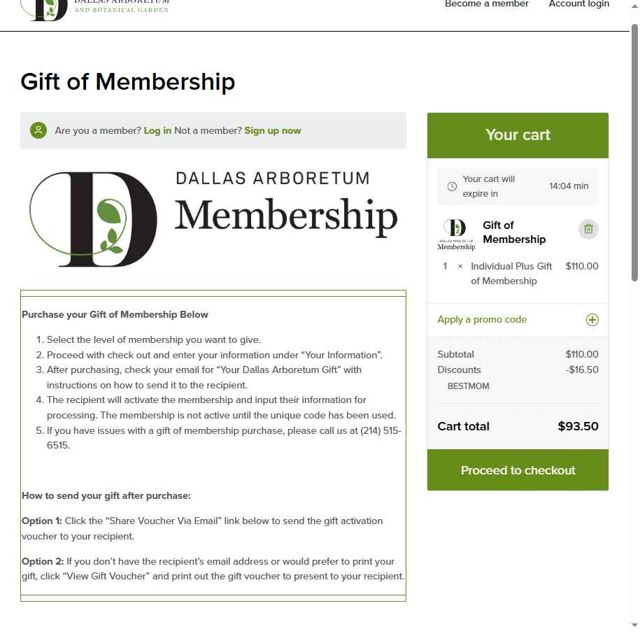 Dallas Arboretum checkout page showing Dallas Arboretum promo code box | Screenshot taken by SimplyCodes community member on May 7, 2025
