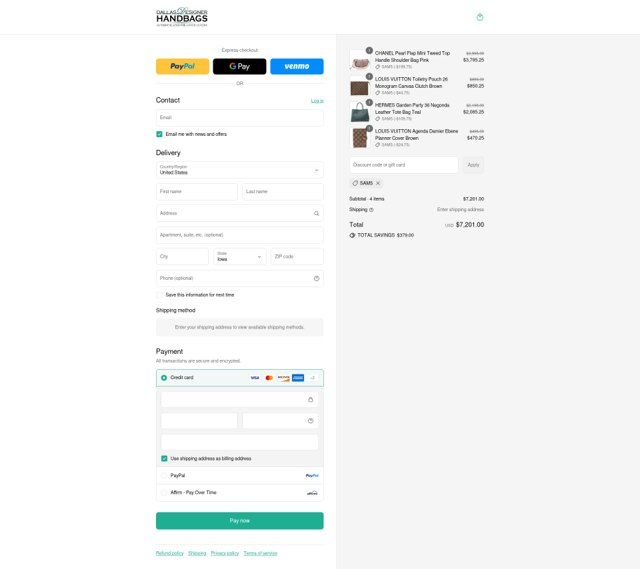 Dallas Designer Handbags checkout page showing Dallas Designer Handbags coupon code box | Screenshot taken by SimplyCodes community member on Aug 29, 2025
