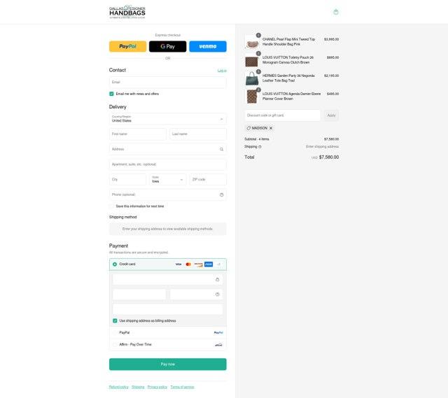 Dallas Designer Handbags checkout page showing Dallas Designer Handbags coupon code box | Screenshot taken by SimplyCodes community member on Aug 29, 2025