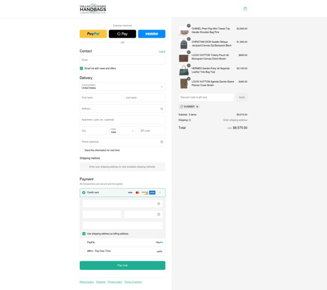 Dallas Designer Handbags checkout page showing Dallas Designer Handbags coupon code box | Screenshot taken by SimplyCodes community member on Aug 24, 2025