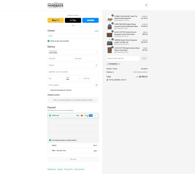 Dallas Designer Handbags checkout page showing Dallas Designer Handbags coupon code box | Screenshot taken by SimplyCodes community member on Aug 24, 2025
