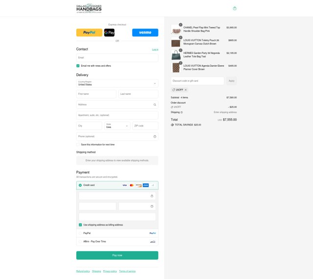 Dallas Designer Handbags checkout page showing Dallas Designer Handbags coupon code box | Screenshot taken by SimplyCodes community member on Aug 29, 2025