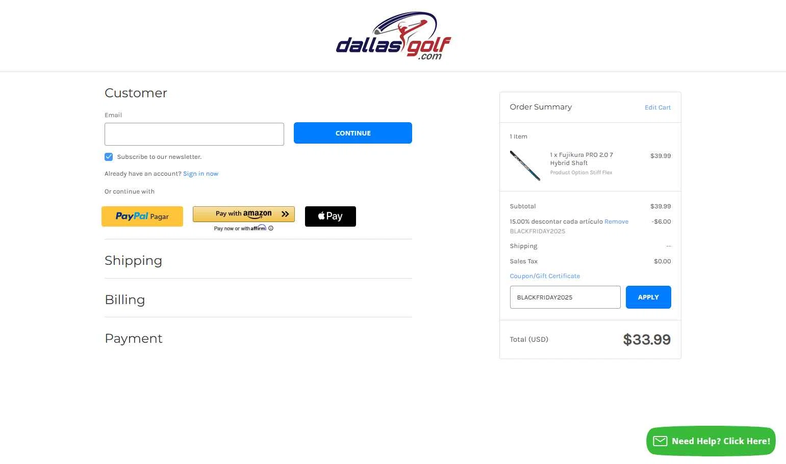 DallasGolf.com checkout page showing DallasGolf.com coupon code box | Screenshot taken by SimplyCodes community member on Nov 20, 2025