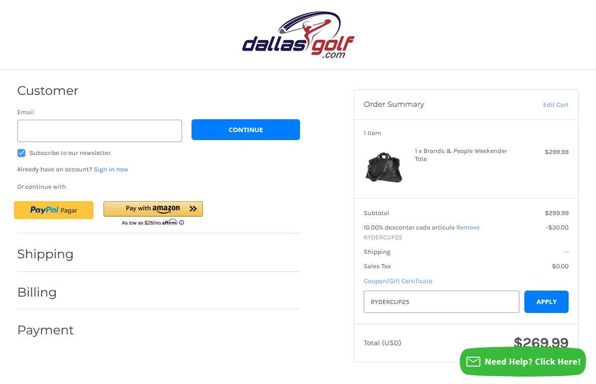 DallasGolf.com checkout page showing DallasGolf.com coupon code box | Screenshot taken by SimplyCodes community member on Sep 25, 2025