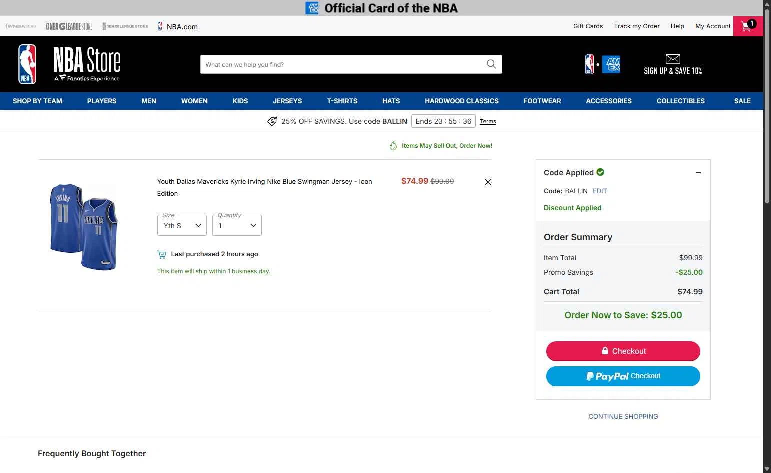 Dallas Mavericks checkout page showing Dallas Mavericks promo code box | Screenshot taken by SimplyCodes community member on Jan 23, 2026