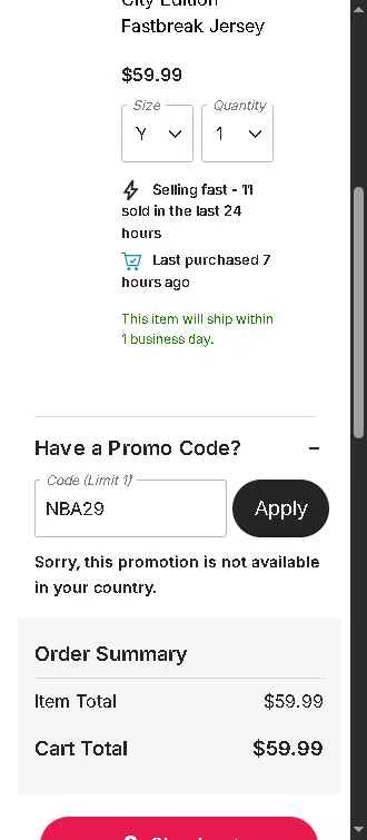 Dallas Mavericks checkout page showing Dallas Mavericks promo code box | Screenshot taken by SimplyCodes community member on Jan 12, 2026