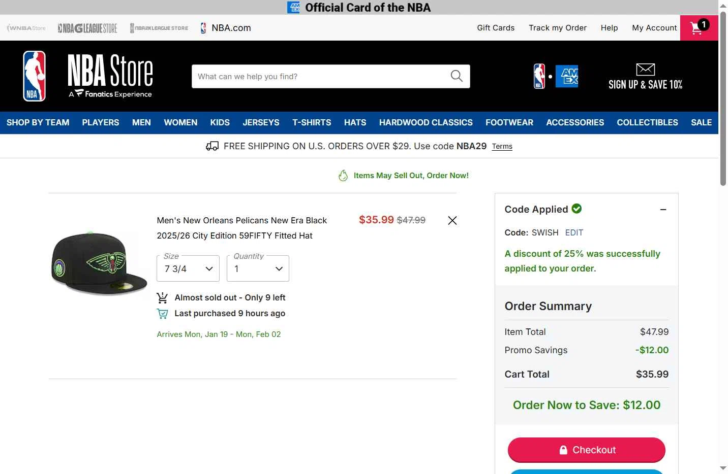 Dallas Mavericks checkout page showing Dallas Mavericks promo code box | Screenshot taken by SimplyCodes community member on Jan 3, 2026