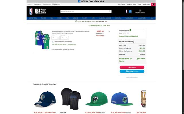 Dallas Mavericks checkout page showing Dallas Mavericks promo code box | Screenshot taken by SimplyCodes community member on Oct 5, 2025