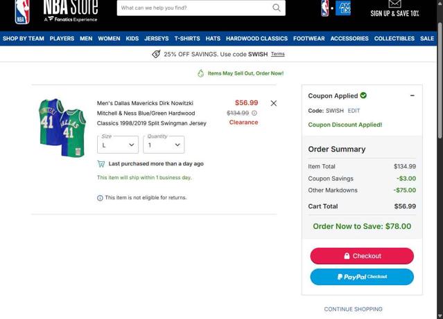 Dallas Mavericks checkout page showing Dallas Mavericks promo code box | Screenshot taken by SimplyCodes community member on Oct 5, 2025