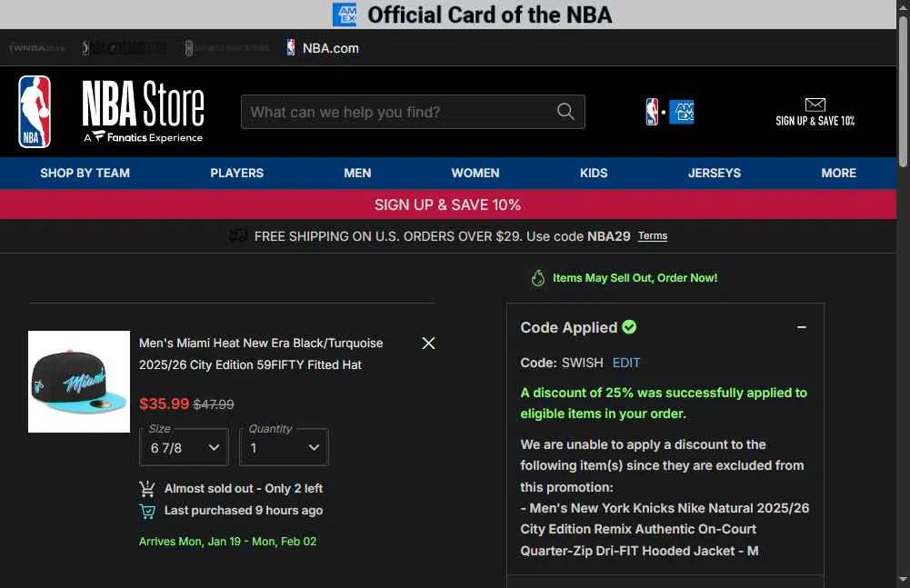 Dallas Mavericks checkout page showing Dallas Mavericks promo code box | Screenshot taken by SimplyCodes community member on Jan 3, 2026