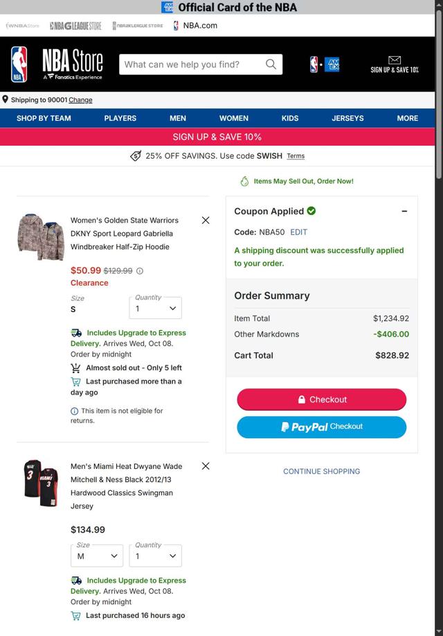 Dallas Mavericks checkout page showing Dallas Mavericks promo code box | Screenshot taken by SimplyCodes community member on Oct 5, 2025